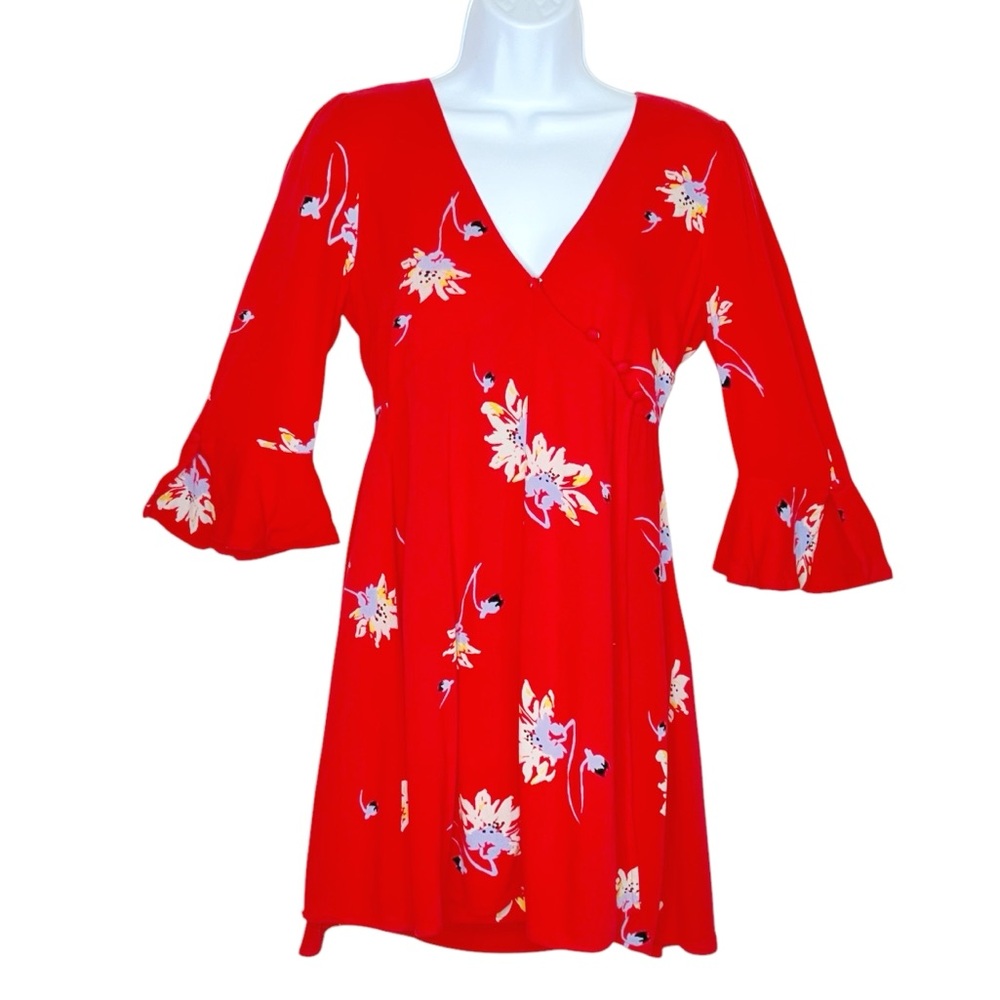 Free People Time On My Side Boho Faux Wrap Mini Dress S Red Floral Flare Sleeve